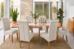 Riess-Ambiente Stühle > Design Stuhl CASA beige Leinen Massivholzbeine mit Zierknöpfen und Nackenrolle