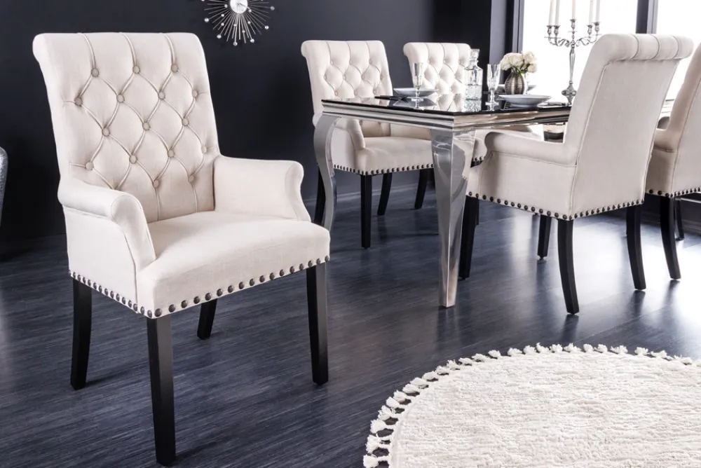 Riess-Ambiente Stühle > Design Stuhl CASTLE beige schwarz Strukturstoff Armlehnen Holzfüße