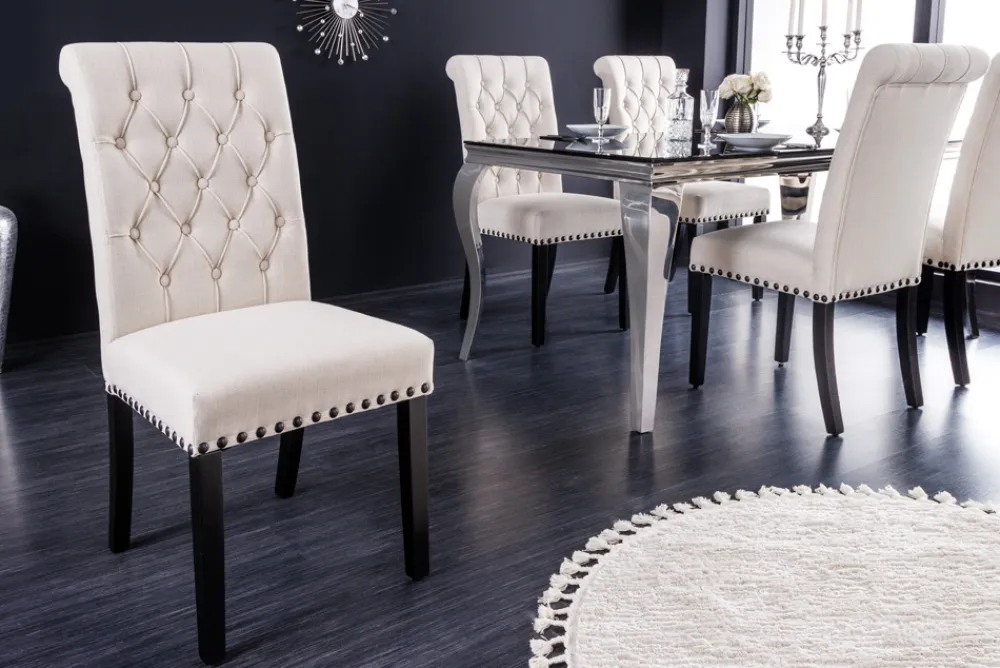 Riess-Ambiente Stühle > Design Stuhl CASTLE beige schwarz Strukturstoff Holzfüße Chesterfield