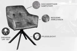 Riess-Ambiente Industrial Loft|Stühle > Design Stuhl LOFT dunkelgrau Samt drehbar Metallgestell schwarz mit Armlehne