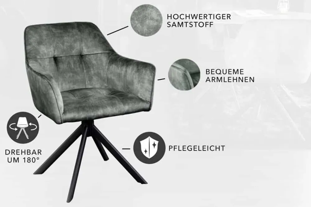 Riess-Ambiente Industrial Loft|Stühle > Design Stuhl LOFT grün Samt drehbar Metallgestell schwarz mit Armlehne