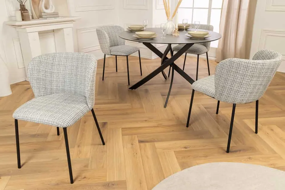 Riess-Ambiente Retro Möbel|Stühle > Design Stuhl LYON blau kariert Bouclé schwarze Metallbeine