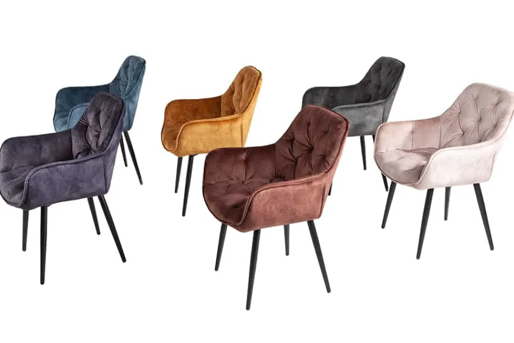 Riess-Ambiente Stühle|Samt Möbel > Design Stuhl MILANO grau Samt mit Armlehne Ziersteppung gepolstert schwarze Metallbeine