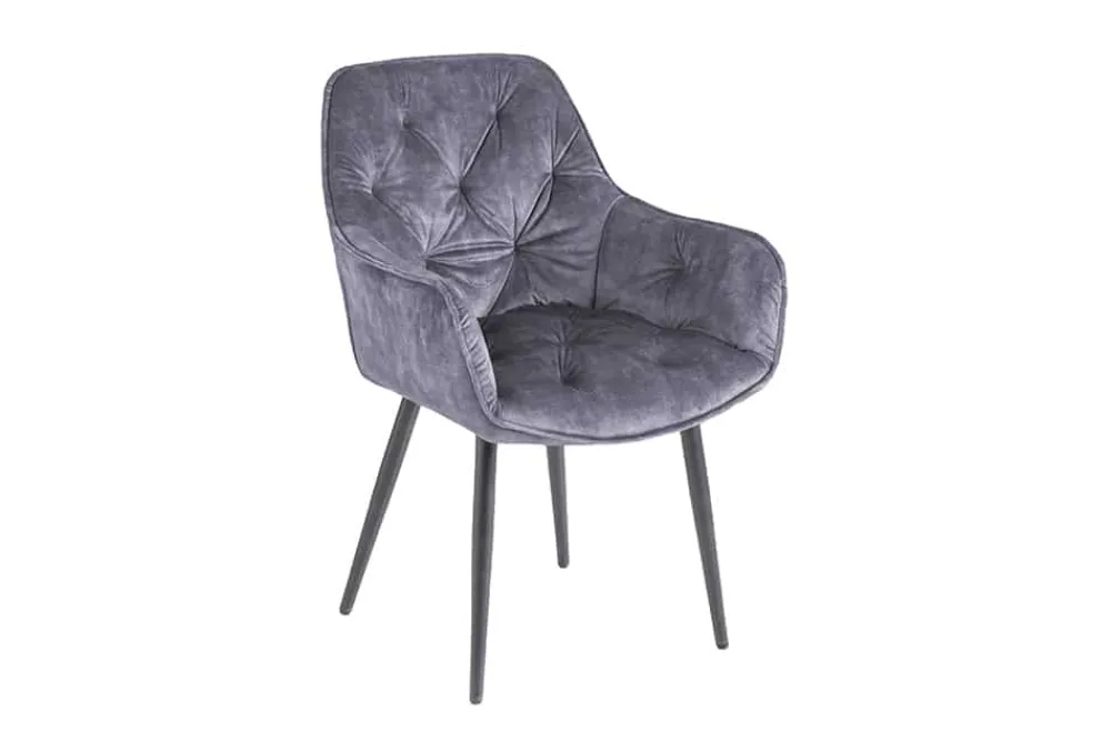 Riess-Ambiente Stühle|Samt Möbel > Design Stuhl MILANO grau Samt mit Armlehne Ziersteppung gepolstert schwarze Metallbeine