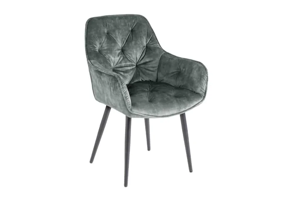 Riess-Ambiente Stühle|Samt Möbel > Design Stuhl MILANO grün Samt mit Armlehne Ziersteppung gepolstert schwarze Metallbeine