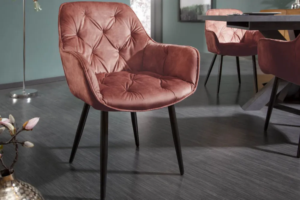 Riess-Ambiente Stühle|Samt Möbel > Design Stuhl MILANO rost braun Samt mit Armlehne Ziersteppung gepolstert schwarze Metallbeine