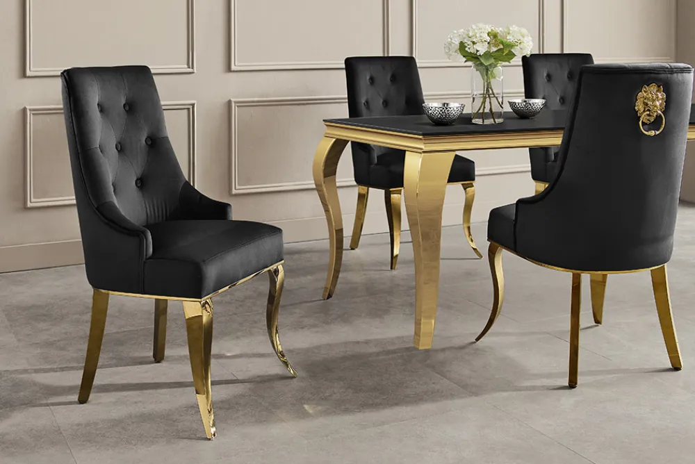 Riess-Ambiente Stühle > Design Stuhl MODERN BAROCK DELUXE schwarz Samt gold Edelstahl mit Löwenkopf