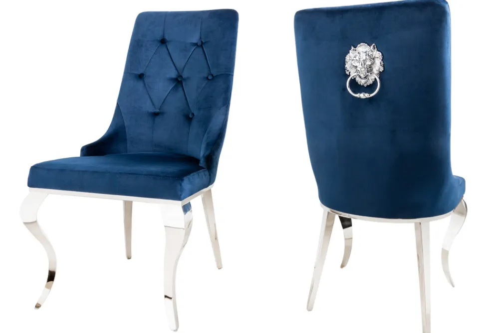 Riess-Ambiente Stühle|Samt Möbel > Design Stuhl MODERN BAROCK royalblau Samt mit silbernem Löwenkopf