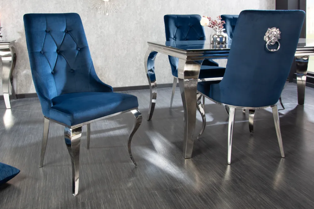 Riess-Ambiente Stühle|Samt Möbel > Design Stuhl MODERN BAROCK royalblau Samt mit silbernem Löwenkopf