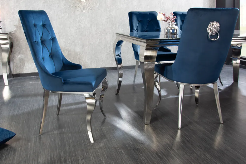 Riess-Ambiente Stühle|Samt Möbel > Design Stuhl MODERN BAROCK royalblau Samt mit silbernem Löwenkopf