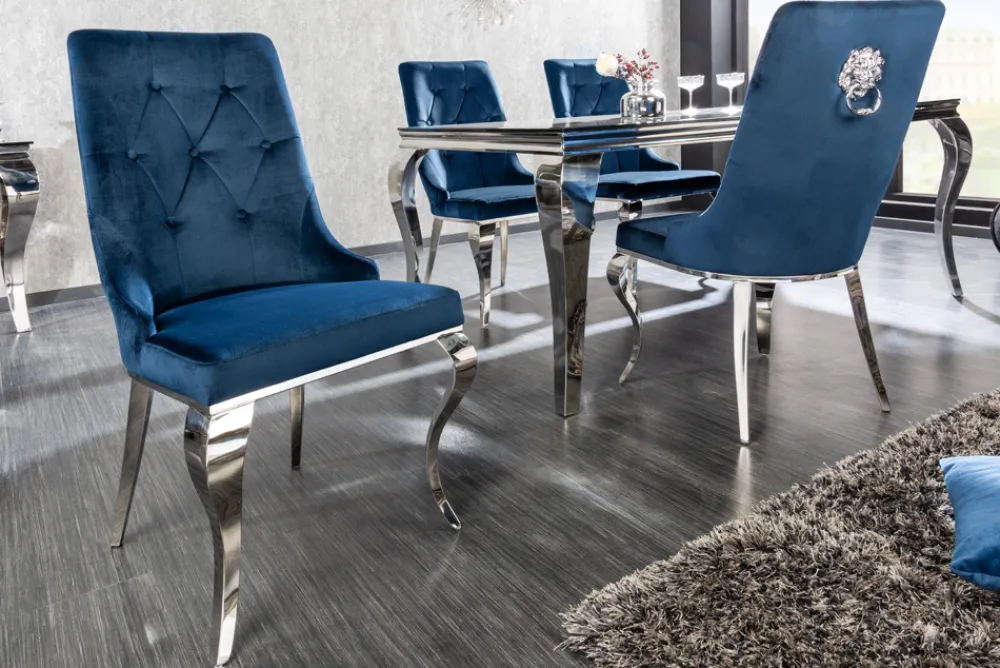 Riess-Ambiente Stühle|Samt Möbel > Design Stuhl MODERN BAROCK royalblau Samt mit silbernem Löwenkopf