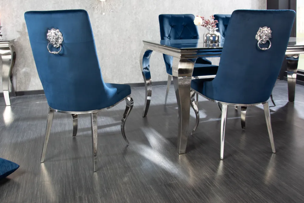 Riess-Ambiente Stühle|Samt Möbel > Design Stuhl MODERN BAROCK royalblau Samt mit silbernem Löwenkopf