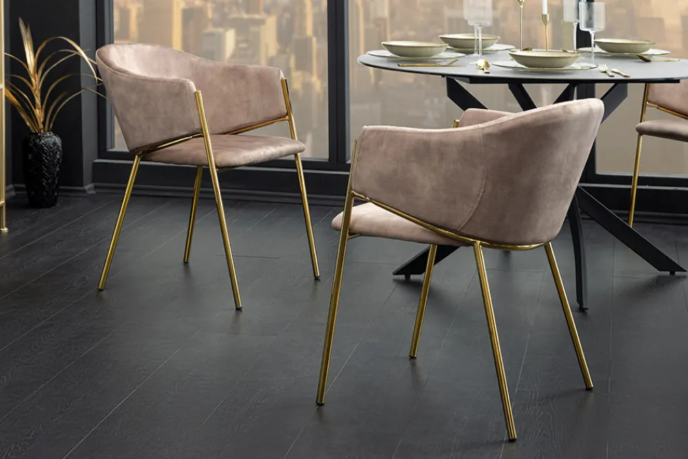 Riess-Ambiente Retro Möbel|Stühle > Design Stuhl NOBLESSE champagner beige Samt golden verchromtes Metallgestell