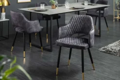 Riess-Ambiente Retro Möbel|Stühle > Design Stuhl PARIS grau Samt mit Armlehnen Ziersteppung goldene Fußkappen gepolstert