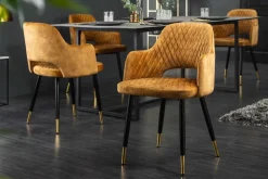 Riess-Ambiente Retro Möbel|Stühle > Design Stuhl PARIS senfgelb Samt mit Armlehnen Ziersteppung goldene Fußkappen