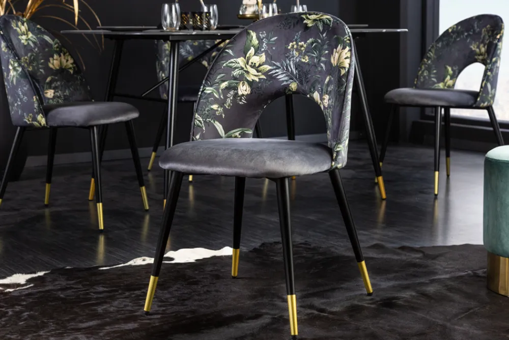 Riess-Ambiente Retro Möbel|Stühle > Design Stuhl PRÊT-À-PORTER grau Samt florales Muster und goldene Fußkappen