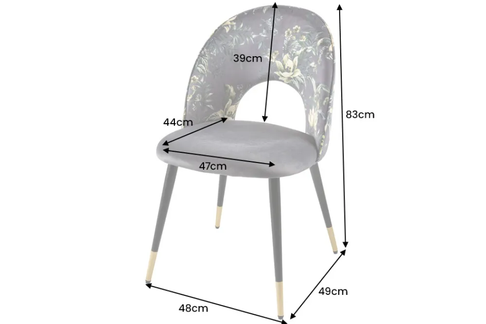 Riess-Ambiente Retro Möbel|Stühle > Design Stuhl PRÊT-À-PORTER grau Samt florales Muster und goldene Fußkappen