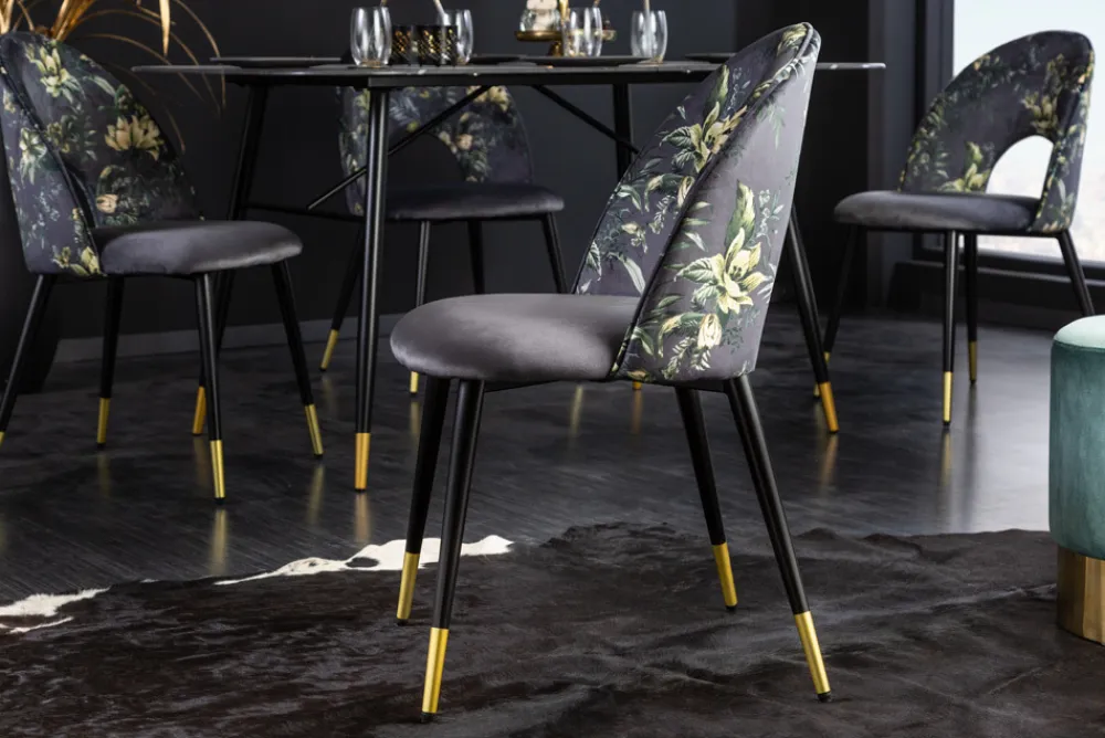 Riess-Ambiente Retro Möbel|Stühle > Design Stuhl PRÊT-À-PORTER grau Samt florales Muster und goldene Fußkappen