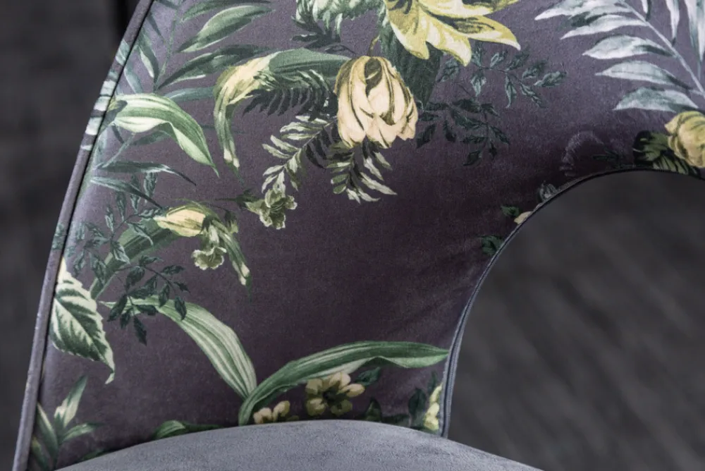 Riess-Ambiente Retro Möbel|Stühle > Design Stuhl PRÊT-À-PORTER grau Samt florales Muster und goldene Fußkappen