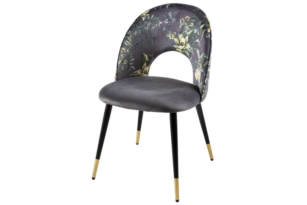 Riess-Ambiente Retro Möbel|Stühle > Design Stuhl PRÊT-À-PORTER grau Samt florales Muster und goldene Fußkappen