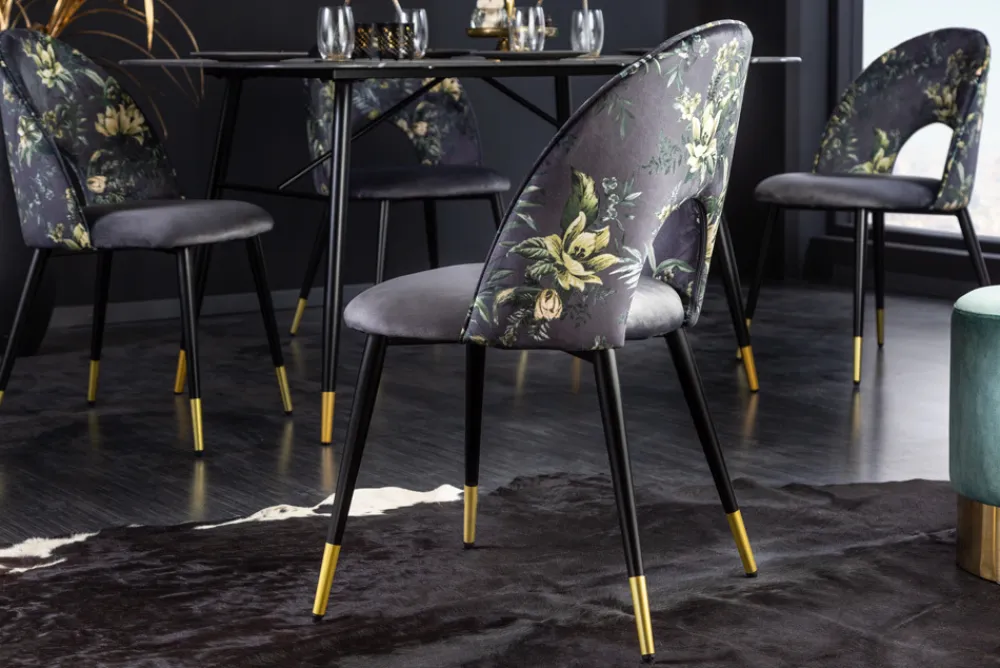 Riess-Ambiente Retro Möbel|Stühle > Design Stuhl PRÊT-À-PORTER grau Samt florales Muster und goldene Fußkappen