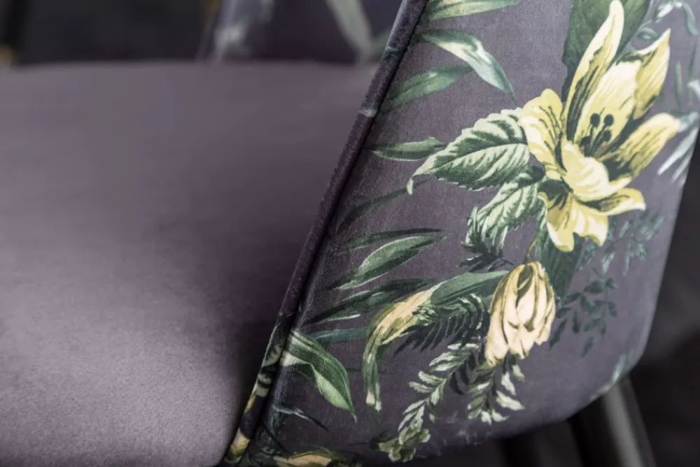 Riess-Ambiente Retro Möbel|Stühle > Design Stuhl PRÊT-À-PORTER grau Samt florales Muster und goldene Fußkappen