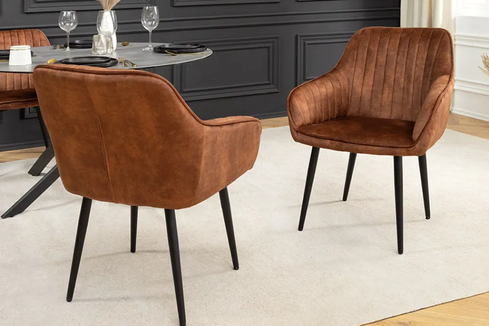 Riess-Ambiente Retro Möbel|Stühle > Design Stuhl TURIN rost braun Samt mit Ziersteppung und Armlehne schwarz Metall