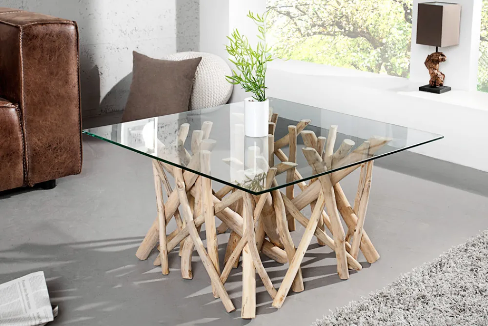 Riess-Ambiente Mehr...|Couchtische > Design Teakholz Couchtisch DRIFTWOOD 80cm mit Glasplatte eckig