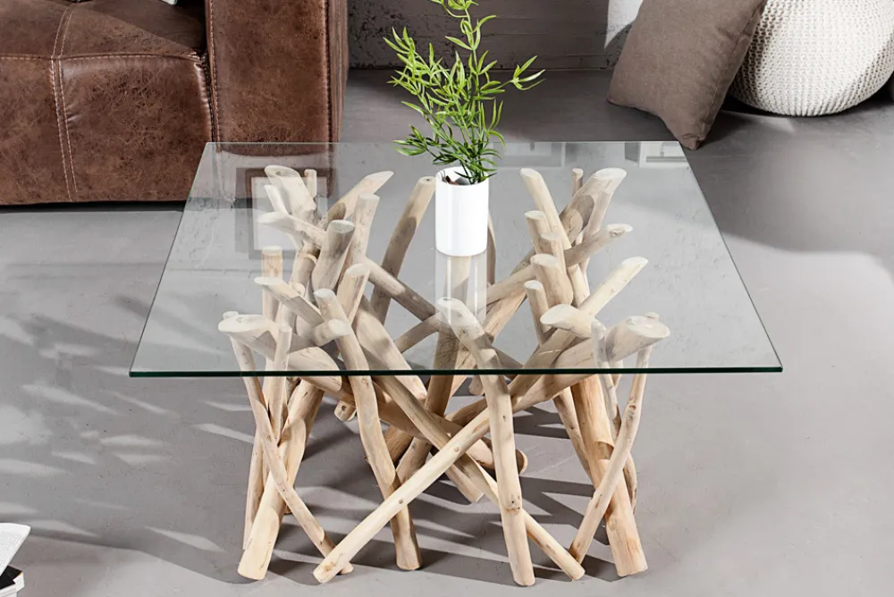Riess-Ambiente Mehr...|Couchtische > Design Teakholz Couchtisch DRIFTWOOD 80cm mit Glasplatte eckig