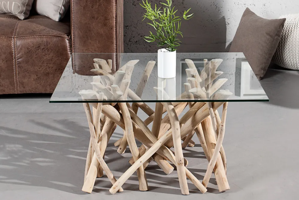 Riess-Ambiente Mehr...|Couchtische > Design Teakholz Couchtisch DRIFTWOOD 80cm mit Glasplatte eckig