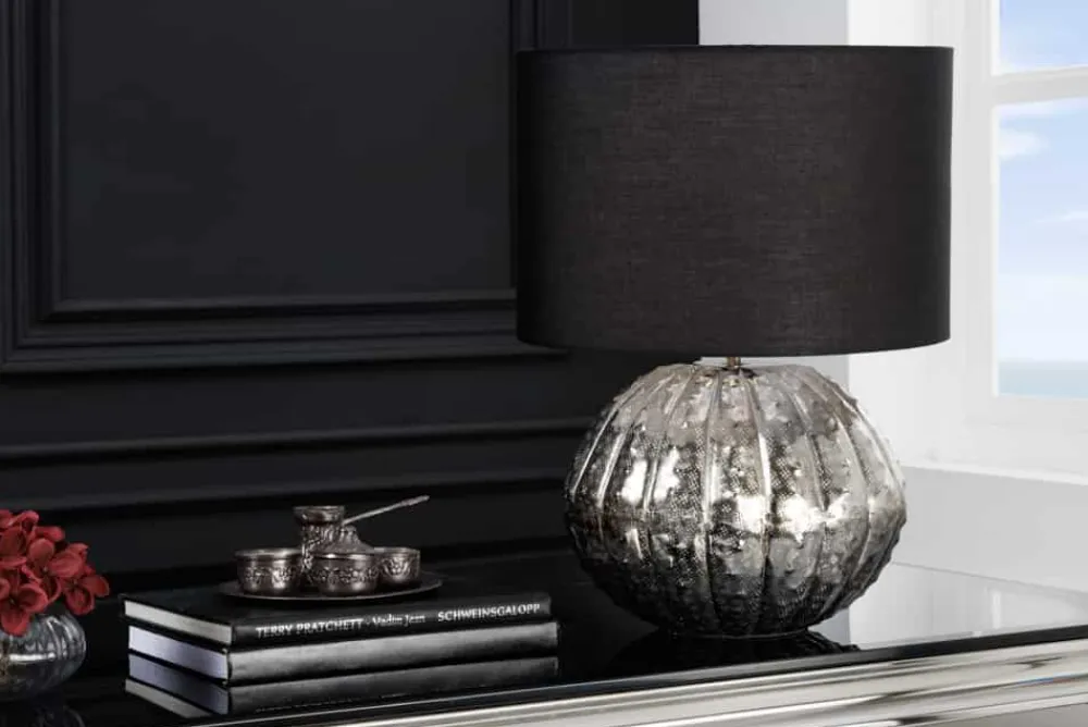 Riess-Ambiente Tischlampen > Design Tischlampe ABSTRACT 50cm silber schwarz Metall Stoffschirm handmade