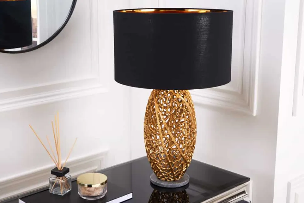 Riess-Ambiente Goldene Möbel|Tischlampen > Design Tischlampe ABSTRACT LEAF gold Metall schwarz Marmorfuß handmade