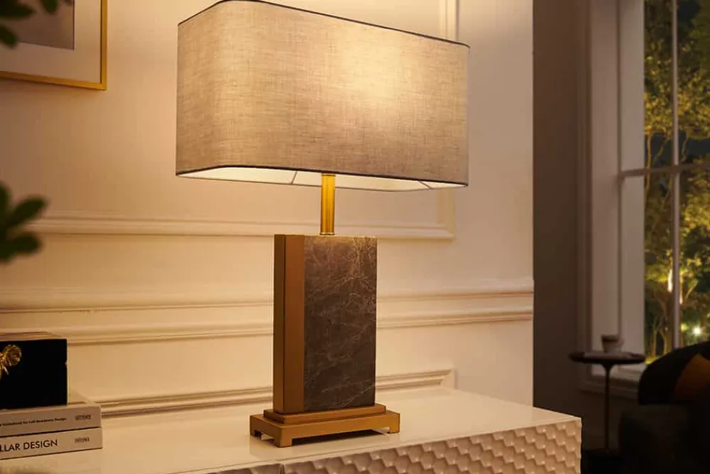 Riess-Ambiente Goldene Möbel|Tischlampen > Design Tischlampe ELEGANCIA 65cm gold grau Stoffschirm Marmor