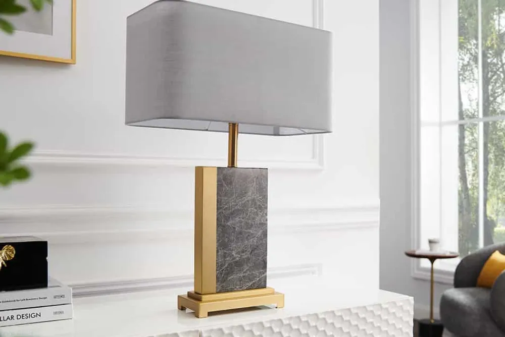 Riess-Ambiente Goldene Möbel|Tischlampen > Design Tischlampe ELEGANCIA 65cm gold grau Stoffschirm Marmor