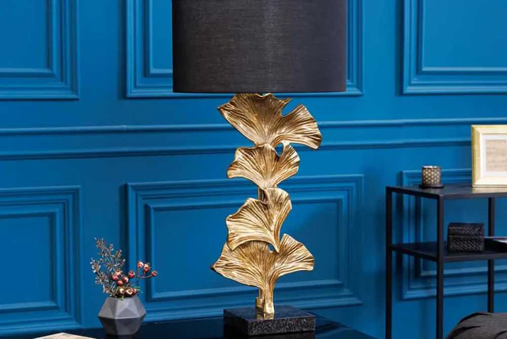 Riess-Ambiente Goldene Möbel|Tischlampen > Design Tischlampe GINKGO 70cm schwarz Stoffschirm gold Metall handmade Marmor-Fuß
