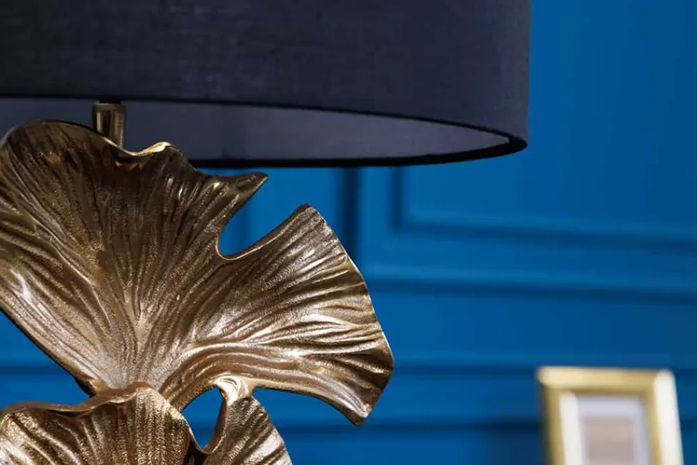 Riess-Ambiente Goldene Möbel|Tischlampen > Design Tischlampe GINKGO 70cm schwarz Stoffschirm gold Metall handmade Marmor-Fuß