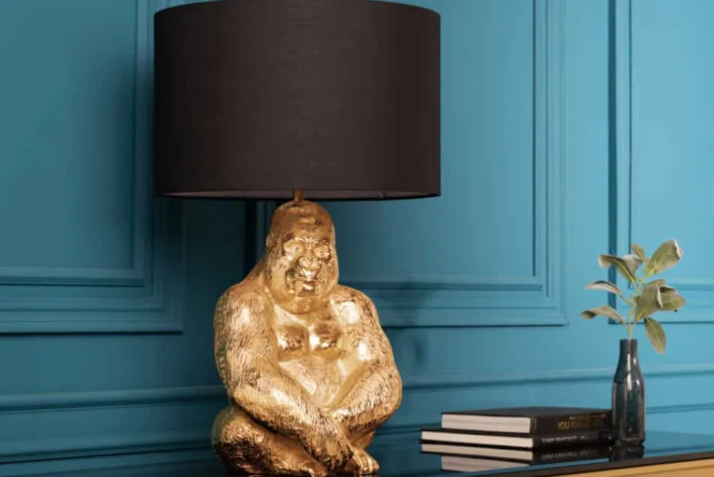 Riess-Ambiente Tischlampen > Design Tischlampe KONG 60cm gold Metall Affenlampe schwarzer Lampenschirm
