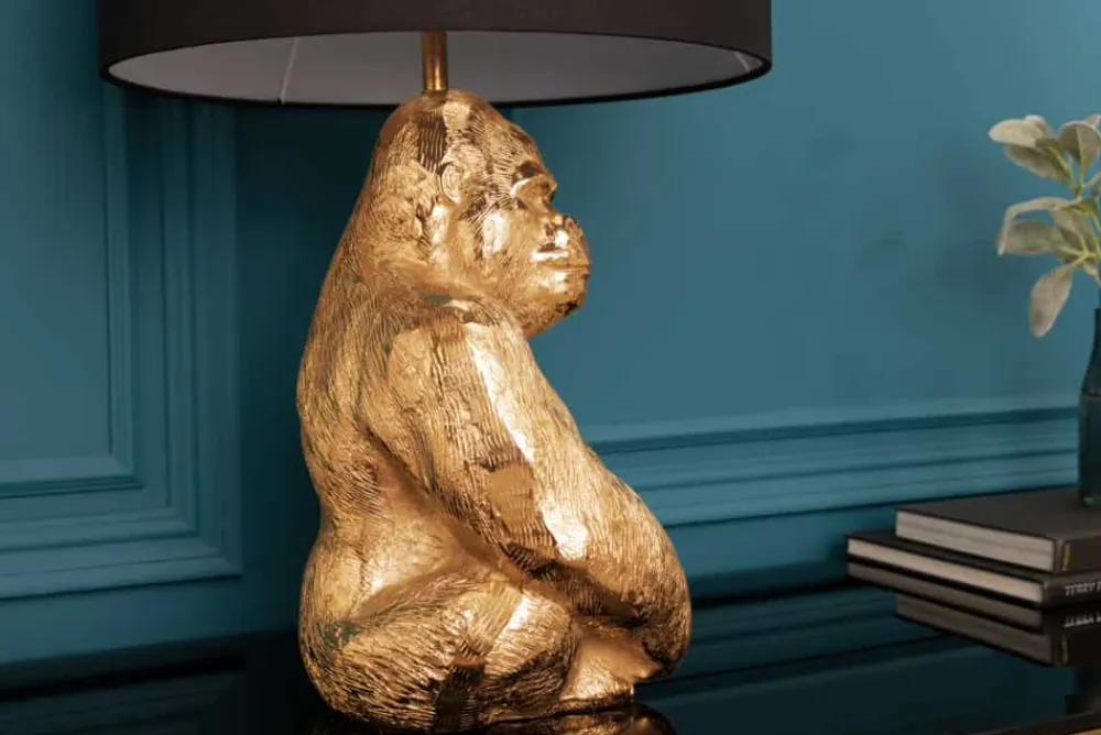 Riess-Ambiente Tischlampen > Design Tischlampe KONG 60cm gold Metall Affenlampe schwarzer Lampenschirm