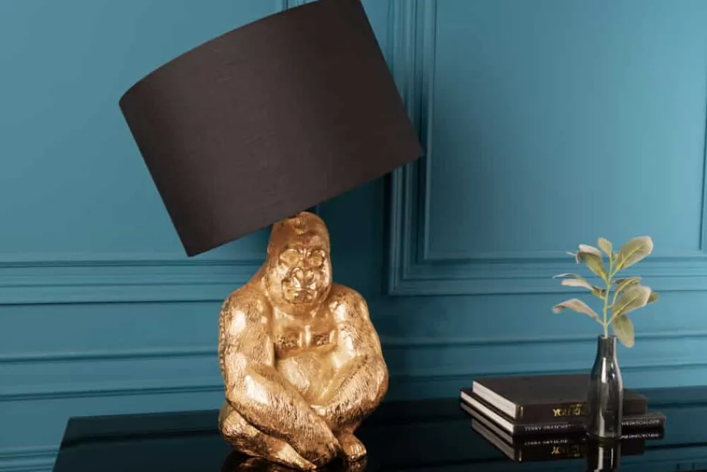 Riess-Ambiente Tischlampen > Design Tischlampe KONG 60cm gold Metall Affenlampe schwarzer Lampenschirm