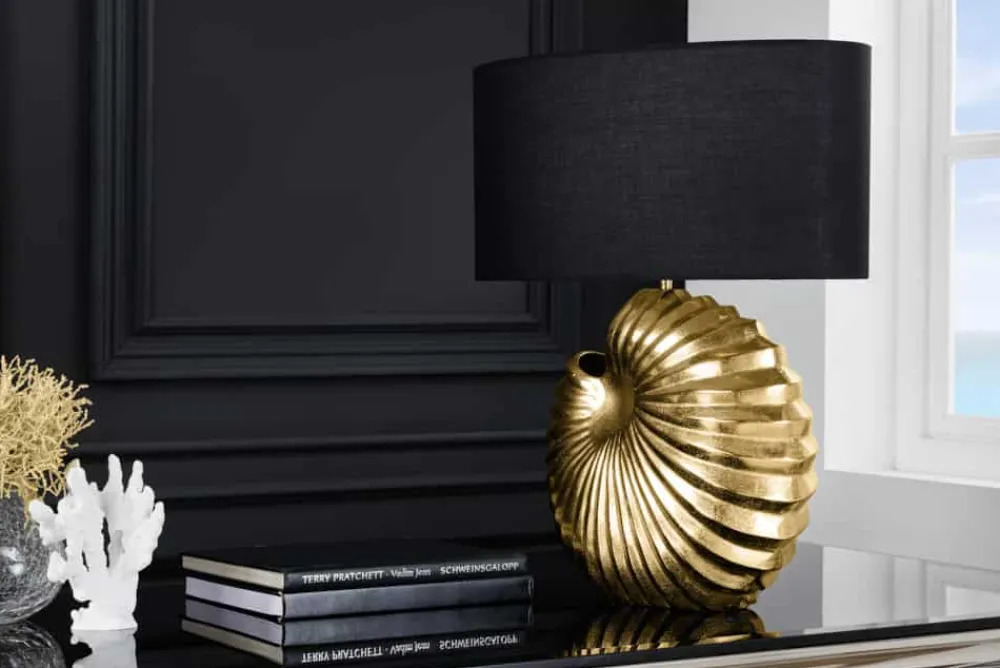 Riess-Ambiente Goldene Möbel|Tischlampen > Design Tischlampe SHELL 60cm gold schwarz Metall Stoffschirm maritim