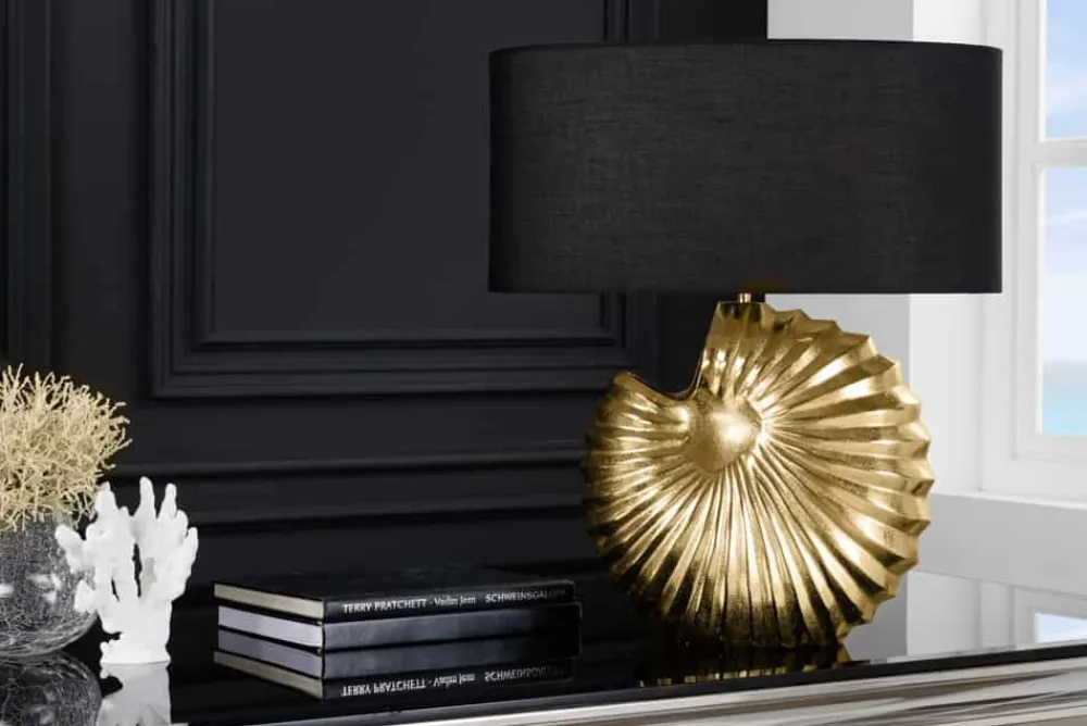 Riess-Ambiente Goldene Möbel|Tischlampen > Design Tischlampe SHELL 60cm gold schwarz Metall Stoffschirm maritim
