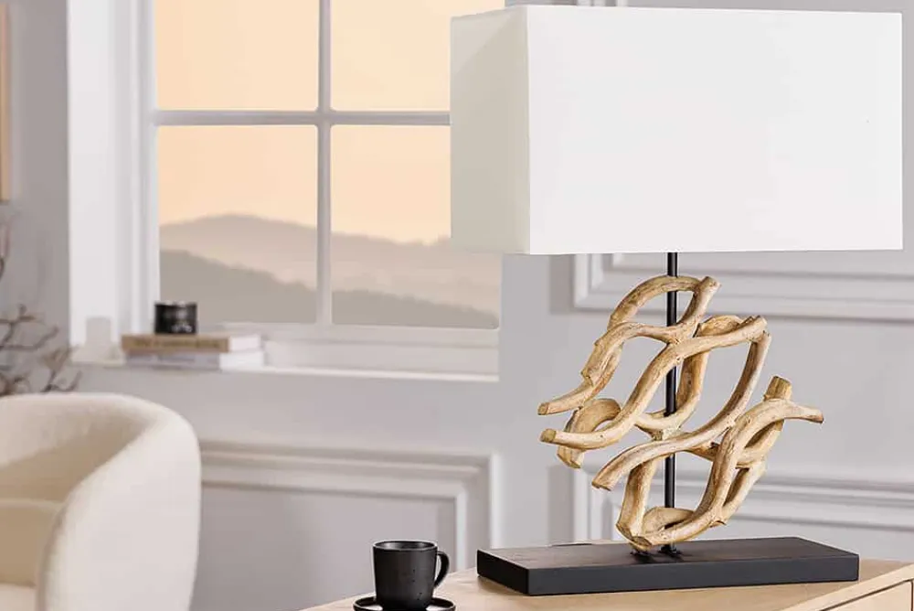 Riess-Ambiente Mehr...|Lampen > Design Tischlampe WAVE 60cm natur Massivholz handmade weiß Baumwollschirm