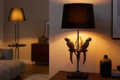 Riess-Ambiente Goldene Möbel|Tischlampen > Design Tischlampe WILDLIFE 75cm schwarz gold rund Papagei Skulpturen mit Marmor-Fuß