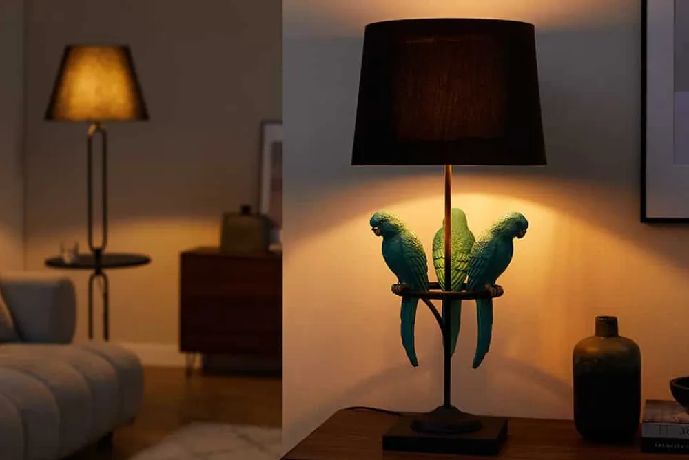 Riess-Ambiente Tischlampen > Design Tischlampe WILDLIFE 75cm schwarz türkis rund Papagei Skulpturen mit Marmor-Fuß