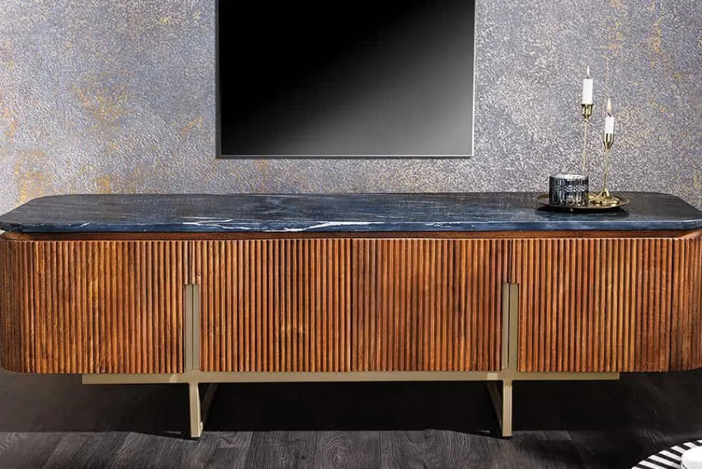 Riess-Ambiente Retro Möbel|Tv- & Lowboards > Design TV-Board GATSBY 160cm braun gold Mangoholz Marmor Metallgestell
