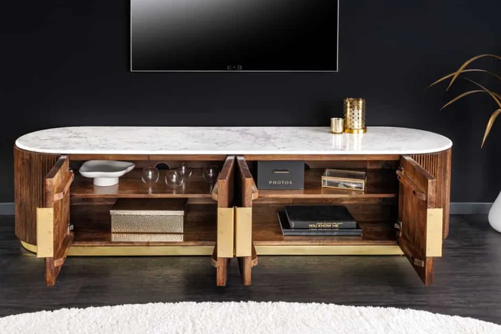 Riess-Ambiente Mehr...|Retro Möbel > Design TV-Board GATSBY 170cm braun gold Mangoholz weiße Marmorplatte Lowboard