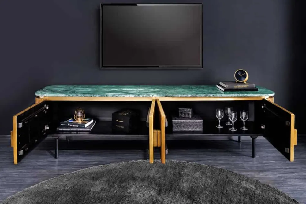 Riess-Ambiente Tv- & Lowboards|Mehr... > Design TV-Board VENEZIANO 160cm messing grün Marmorplatte Mangoholz Retro