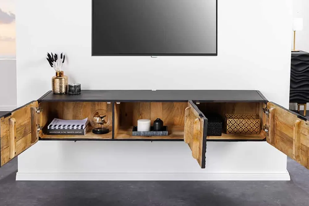 Riess-Ambiente Goldene Möbel|Tv- & Lowboards > Design TV-Board WAVE 160cm schwarz Mangoholz mit 3D Schnitzereien hängend