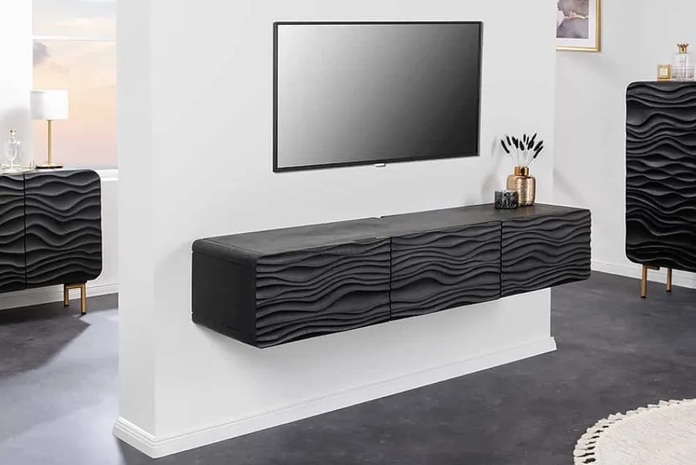Riess-Ambiente Goldene Möbel|Tv- & Lowboards > Design TV-Board WAVE 160cm schwarz Mangoholz mit 3D Schnitzereien hängend
