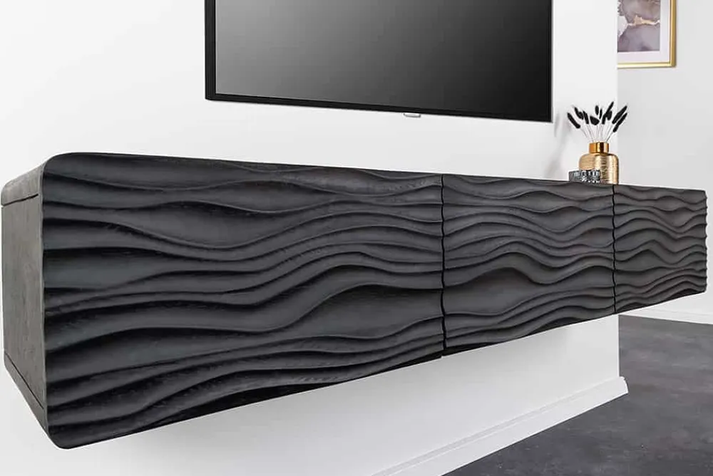 Riess-Ambiente Goldene Möbel|Tv- & Lowboards > Design TV-Board WAVE 160cm schwarz Mangoholz mit 3D Schnitzereien hängend